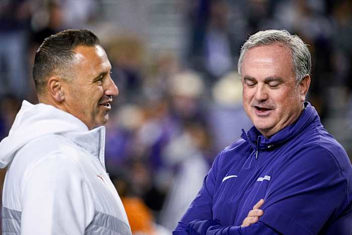 Texas head coach Steve Sarkisian with TCU head coach Sonny Dykes